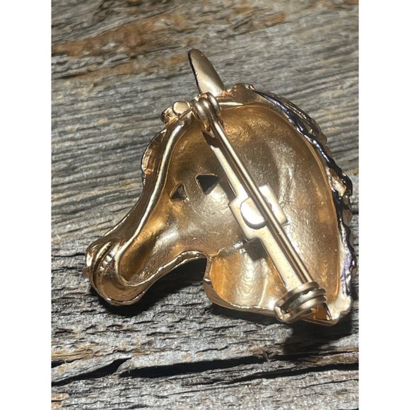 Copper Horse Head Brooch Green Eyed 1”x1” Stallion - Picture 2 of 3